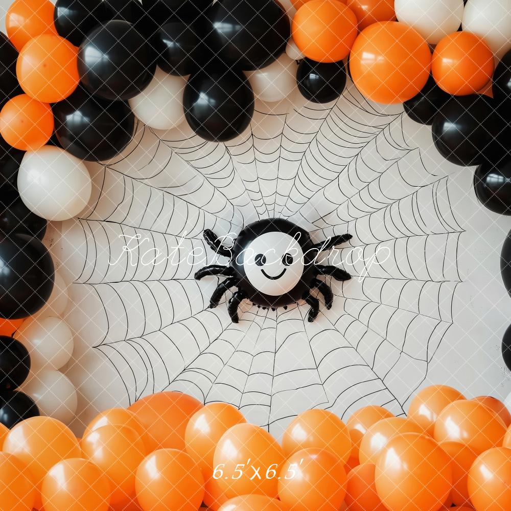 Kate Halloween Spinnennetz Ballons Orange Schwarz Hintergrund Entworfen von Patty Roberts - Kate Backdrop.de