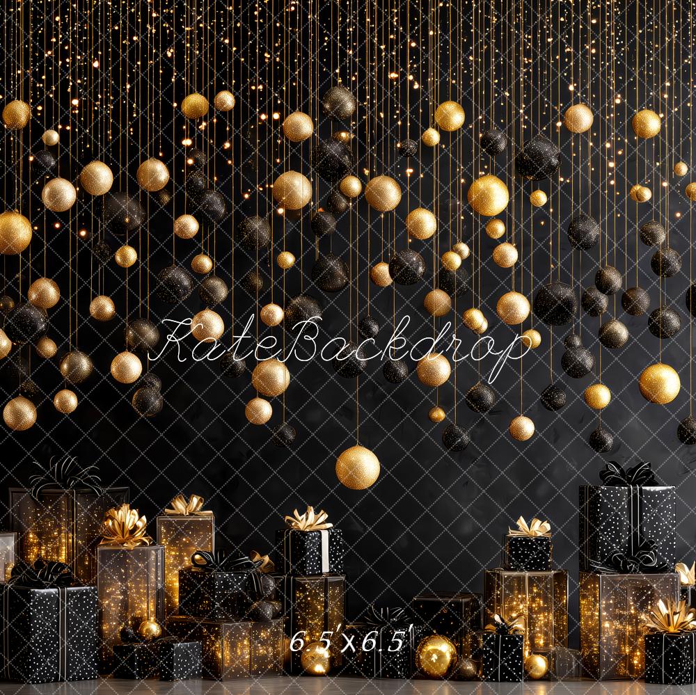 Kate Weihnachten Goldene Kugeln Geschenke Schwarz Hintergrund Entworfen von Patty Roberts - Kate Backdrop.de