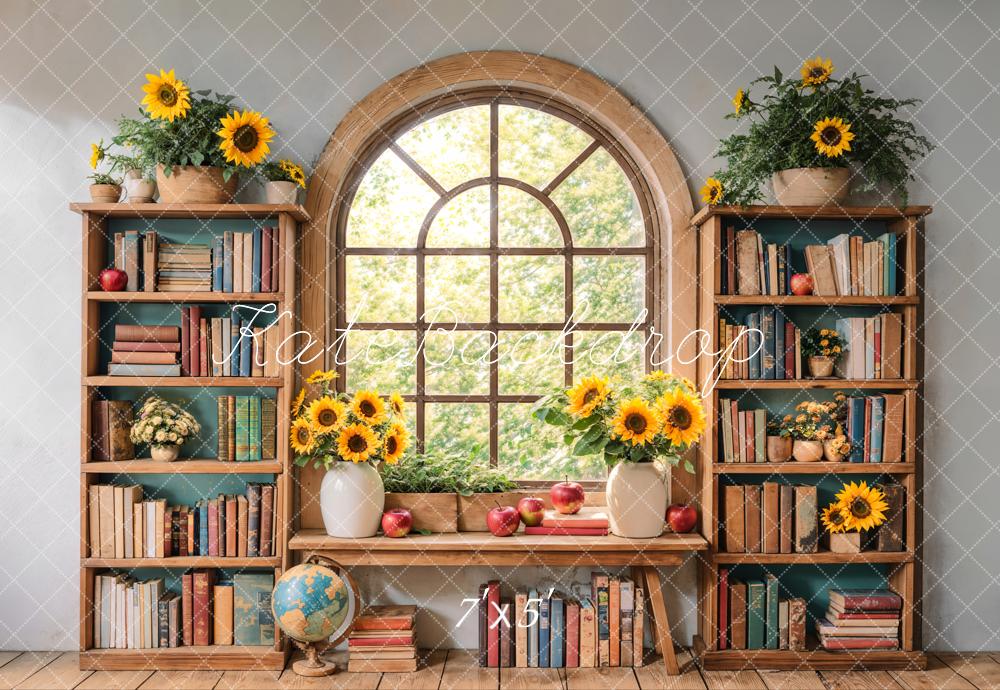 Kate Zurück Zur Schule Bücherregal Sonnenblumen Holz Hintergrund Entworfen von Emetselch