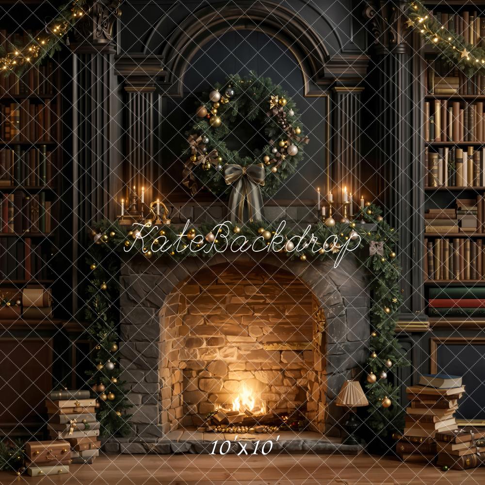 Kate Weihnachten Kamin Bücherregal Gemütlich Hintergrund Entworfen von Emetselch - Kate Backdrop.de