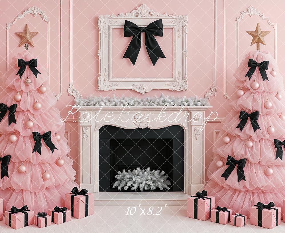 Kate Weihnachten Rosa Weihnachtsbäume Kamin Hintergrund Entworfen von Ashley Paul - Kate Backdrop.de