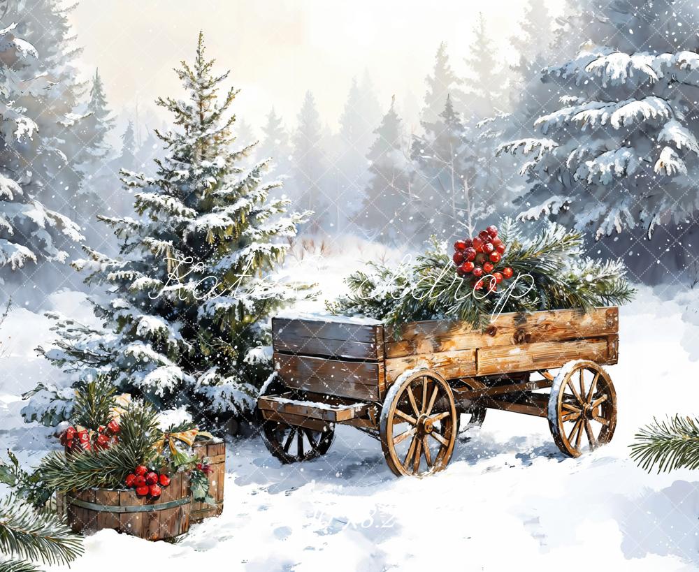 Kate Weihnachten Winterwald Holzschlitten Vintage Hintergrund Entworfen von Emetselch