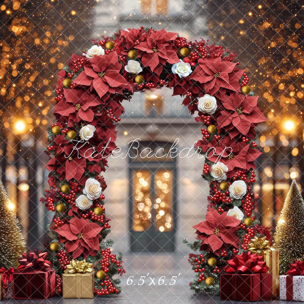 Kate Weihnachten Blumenbogen Geschenke Goldlicht Hintergrund Entworfen von Mini MakeBelieve - Kate Backdrop.de