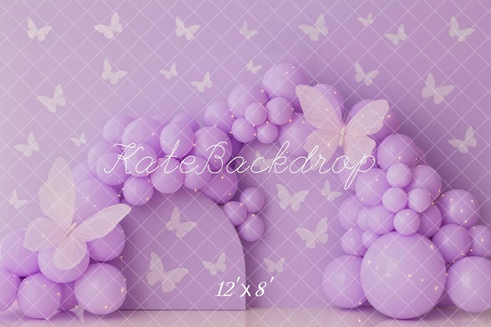 Kate Geburtstag Ballonbogen Schmetterlinge Lila Hintergrund Entworfen von Patty Roberts - Kate Backdrop.de