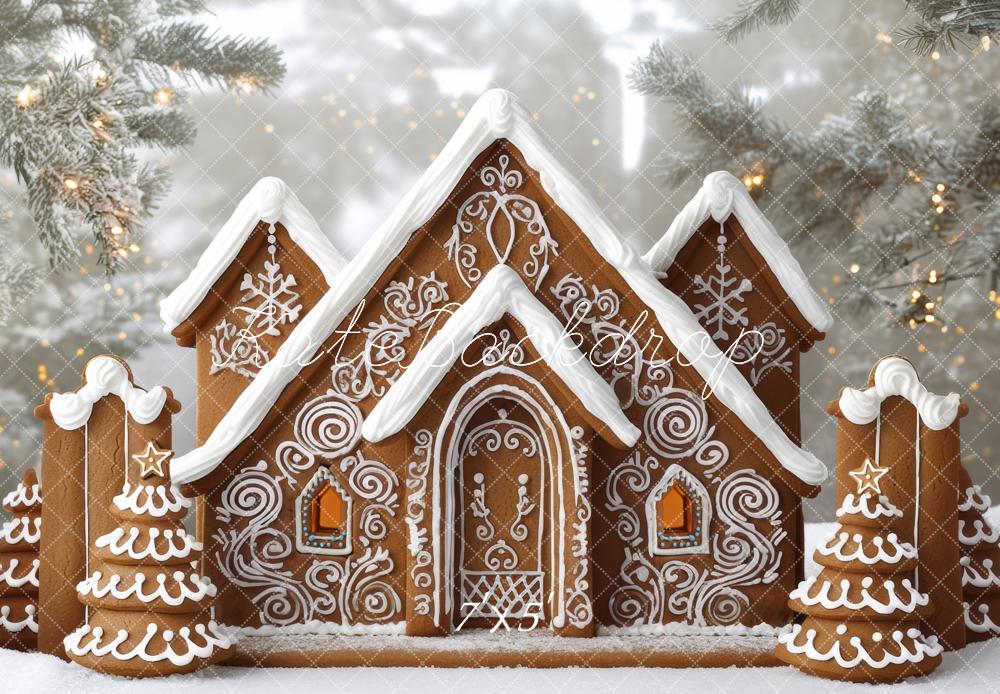 Kate Weihnachten Lebkuchenhaus Tannen Schnee Hintergrund Entworfen von Mini MakeBelieve - Kate Backdrop.de