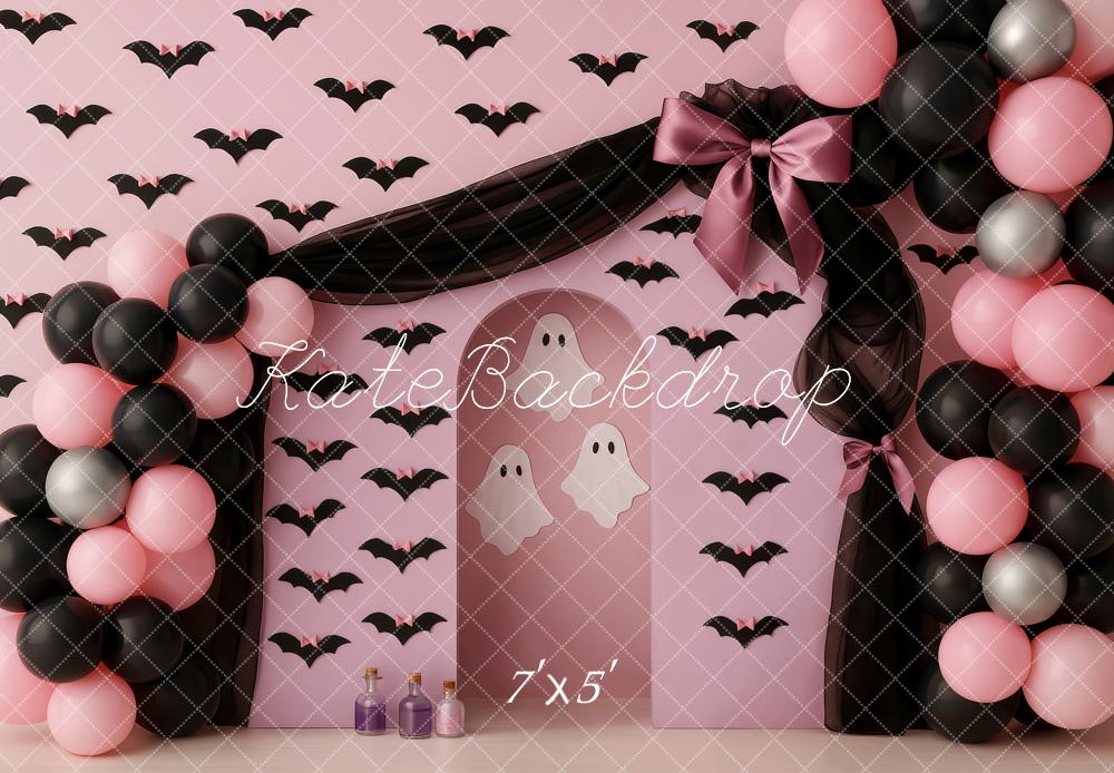 Kate Halloween Ballons Fledermäuse Rosa Hintergrund Entworfen von Patty Roberts - Kate Backdrop.de