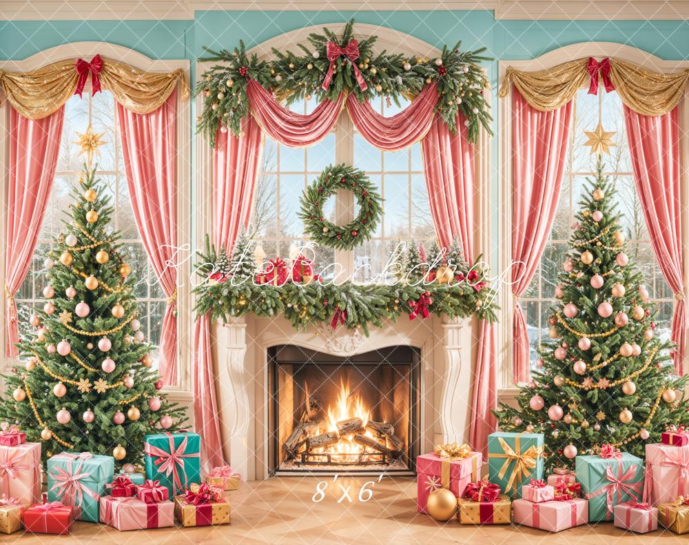 Kate Weihnachten Kamin Weihnachtsbäume Pastell Fleece Hintergrund Entworfen von Emetselch - Kate Backdrop.de