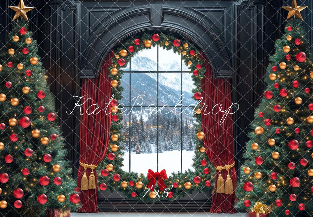 Kate Weihnachten Fenster Tannenbaum Rot Gold Hintergrund Entworfen von Mini MakeBelieve - Kate Backdrop.de