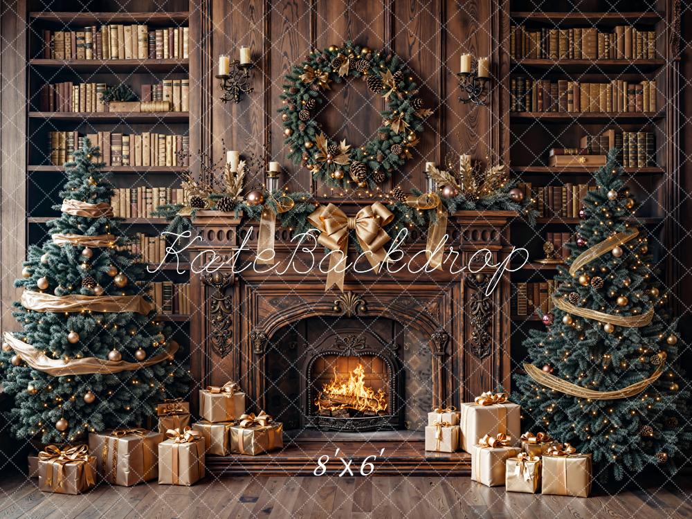 Kate Weihnachten Kamin Bücherregal Gold Fleece Hintergrund Entworfen von Emetselch - Kate Backdrop.de