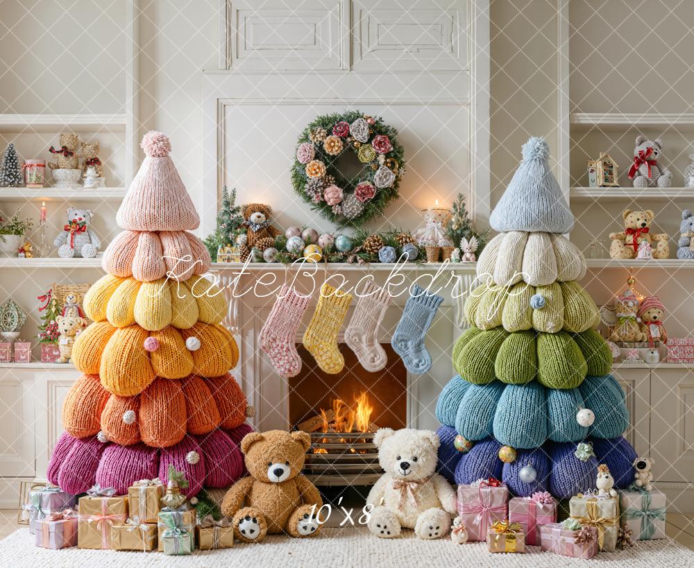 Kate Weihnachten Strickbäume Kamin Bunt Fleece Hintergrund Entworfen von Emetselch - Kate Backdrop.de