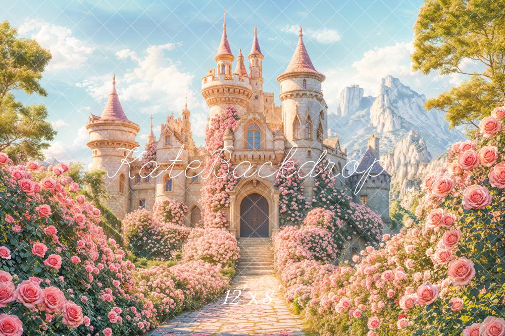 Kate Fairy Fantasy Schloss Rosengarten Pastell Fleece Hintergrund Entworfen von Chain - Kate Backdrop.de