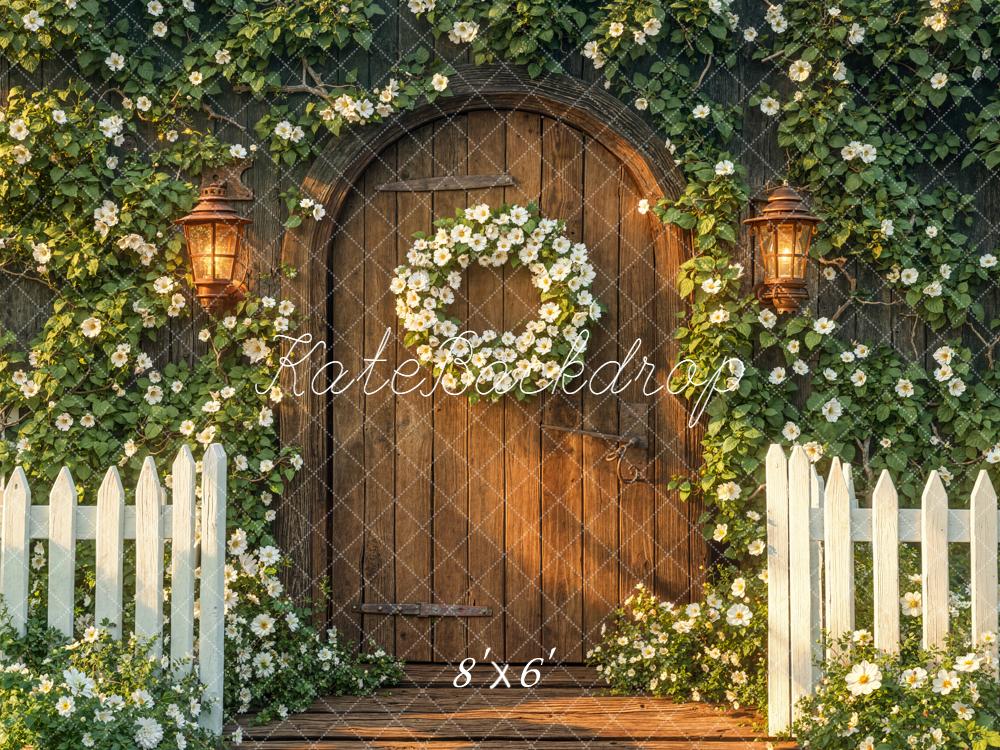 Kate Frühling Holztür Blumen Weiß Fleece Hintergrund Entworfen von Emetselch - Kate Backdrop.de