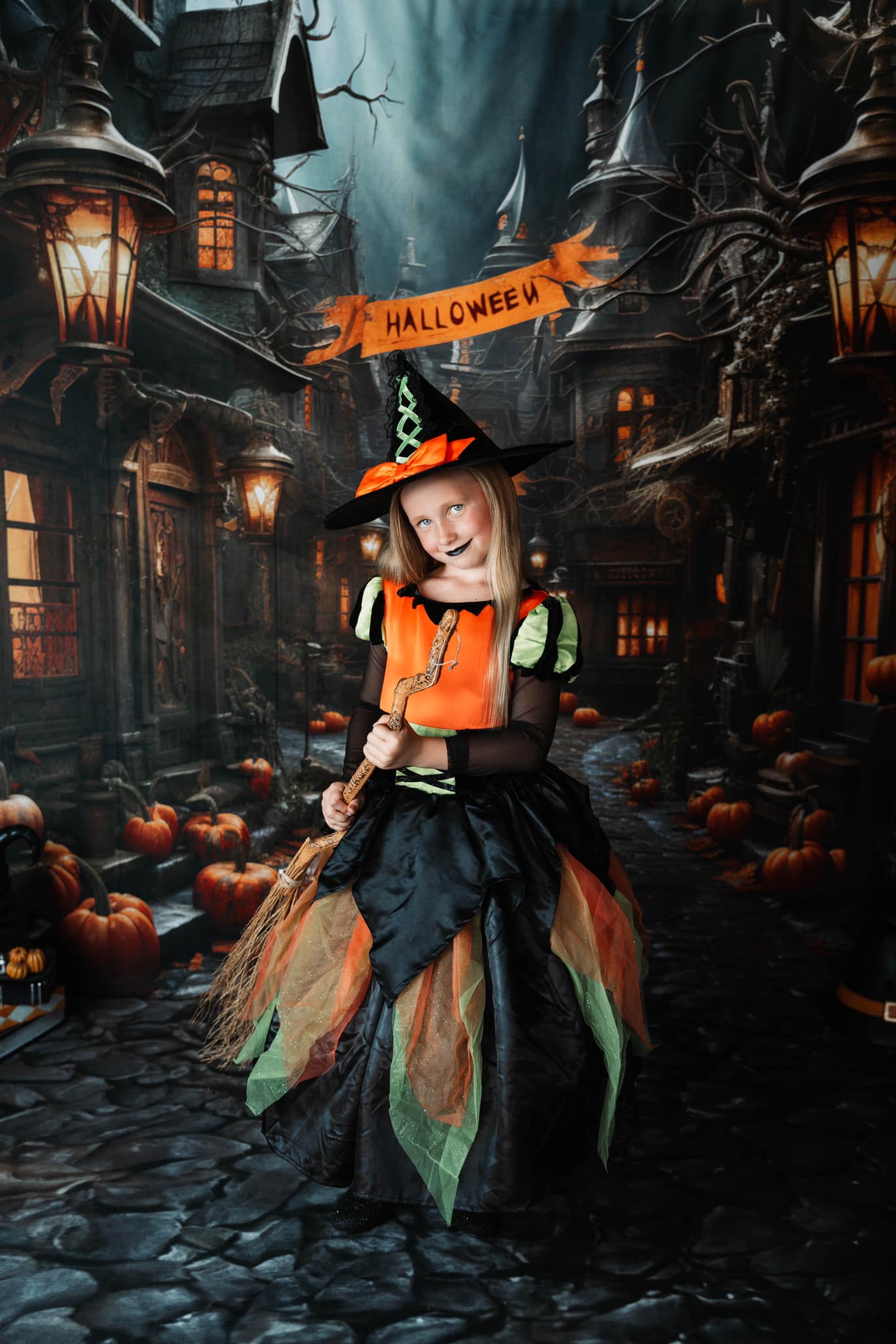 Kate Halloween Kürbis Straße Hintergrund+Brauner Steinboden Hintergrund - Kate Backdrop.de