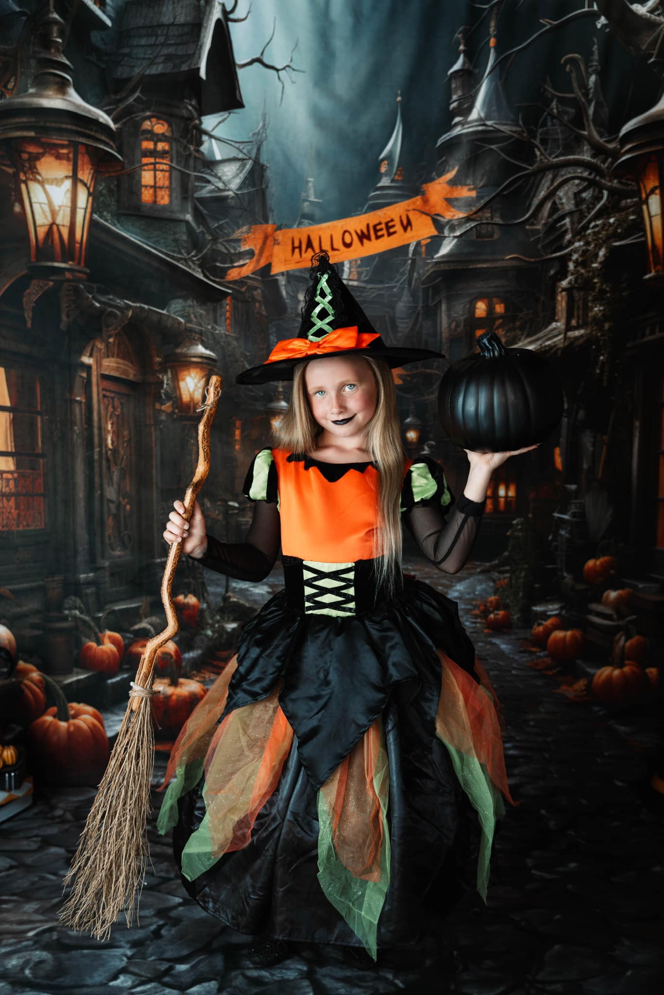 Kate Halloween Kürbis Straße Hintergrund+Brauner Steinboden Hintergrund - Kate Backdrop.de