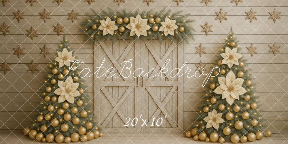 Kate Weihnachten Tannenbäume Gold Beige Hintergrund Entworfen von Megan Leigh - Kate Backdrop.de