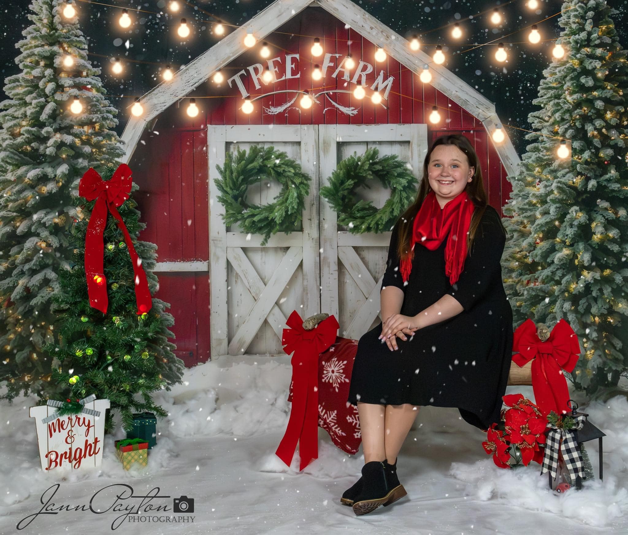 Kate Winter Weihnachten Bauernhof Rote Scheune Hintergrund von Chain Photography