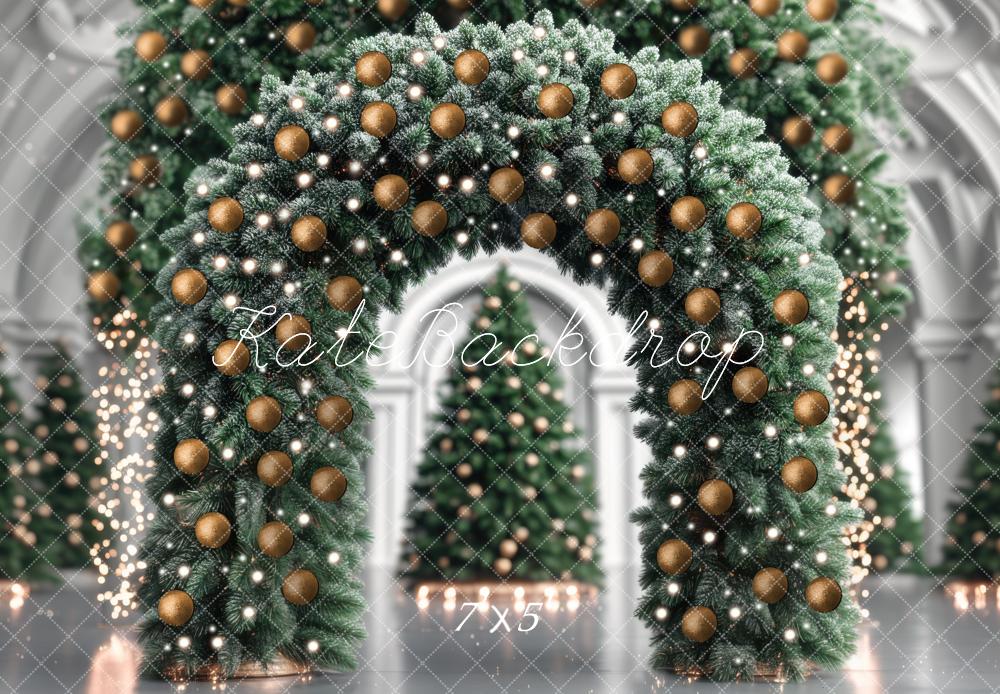 Kate Weihnachten Tannenbogen Goldene Kugeln Hintergrund Entworfen von Mini MakeBelieve - Kate Backdrop.de