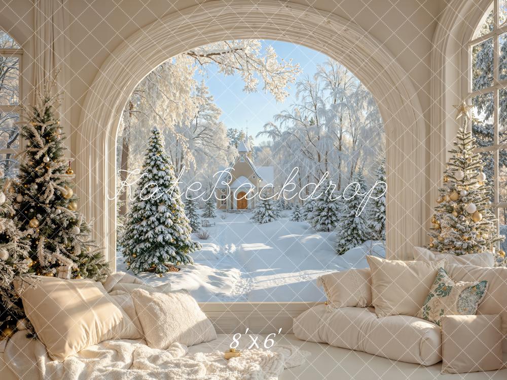 Kate Weihnachten Wohnzimmer Fenster Winterwald Fleece Hintergrund Entworfen von Emetselch