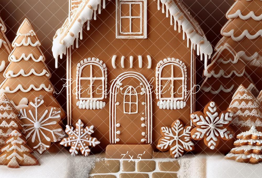 Kate Weihnachten Lebkuchenhaus Tannen Schneeflocken Hintergrund Entworfen von Mandy Ringe