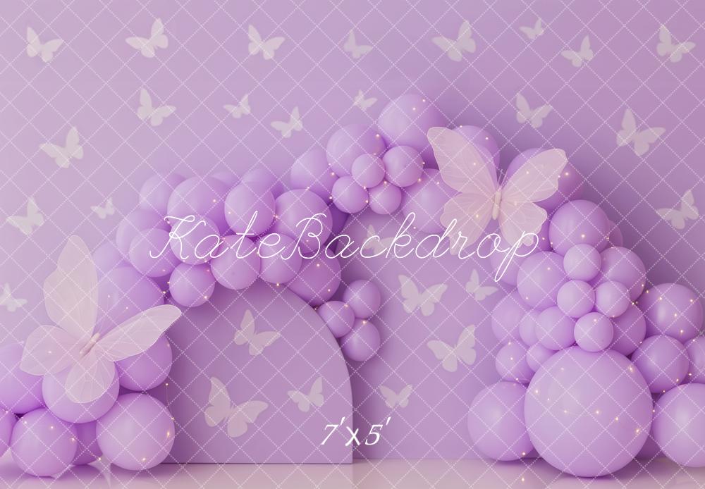 Kate Geburtstag Ballonbogen Schmetterlinge Lila Hintergrund Entworfen von Patty Roberts - Kate Backdrop.de