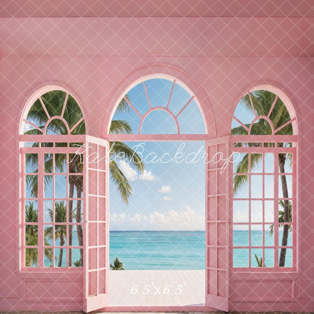 Kate Sommer Palmen Meerblick Rosa Fenster Hintergrund Entworfen von Emetselch - Kate Backdrop.de