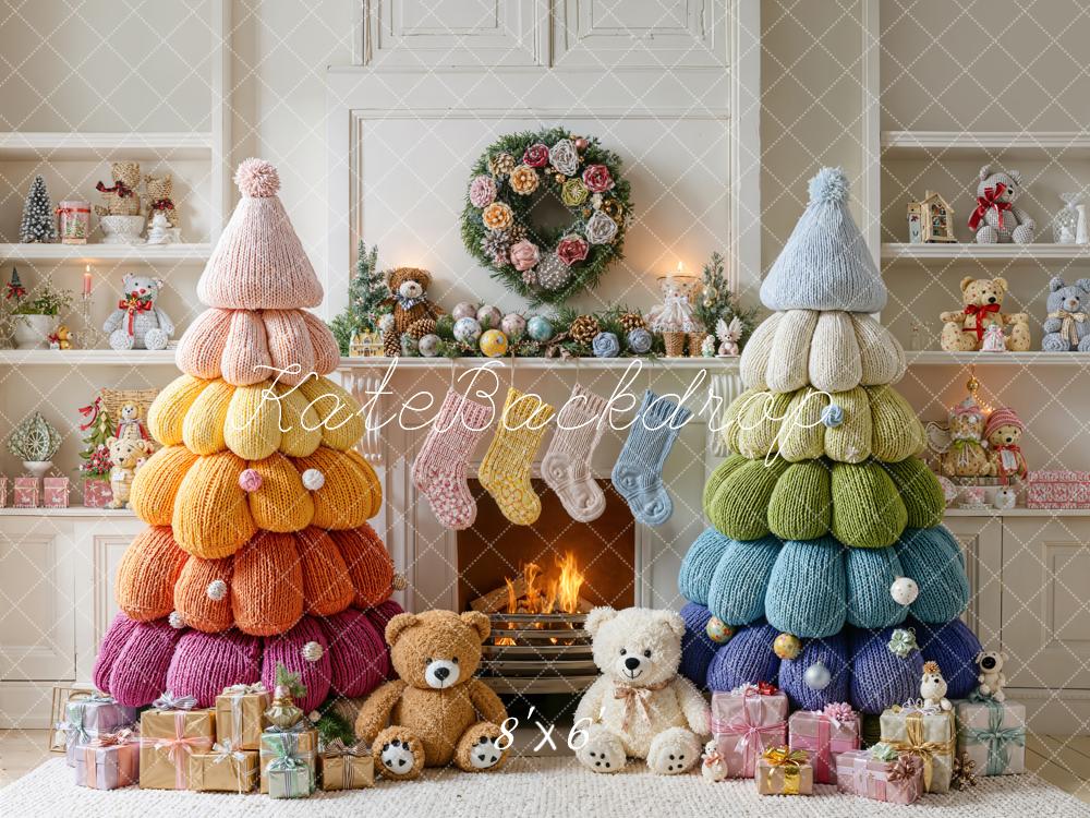 Kate Weihnachten Strickbäume Kamin Bunt Fleece Hintergrund Entworfen von Emetselch - Kate Backdrop.de