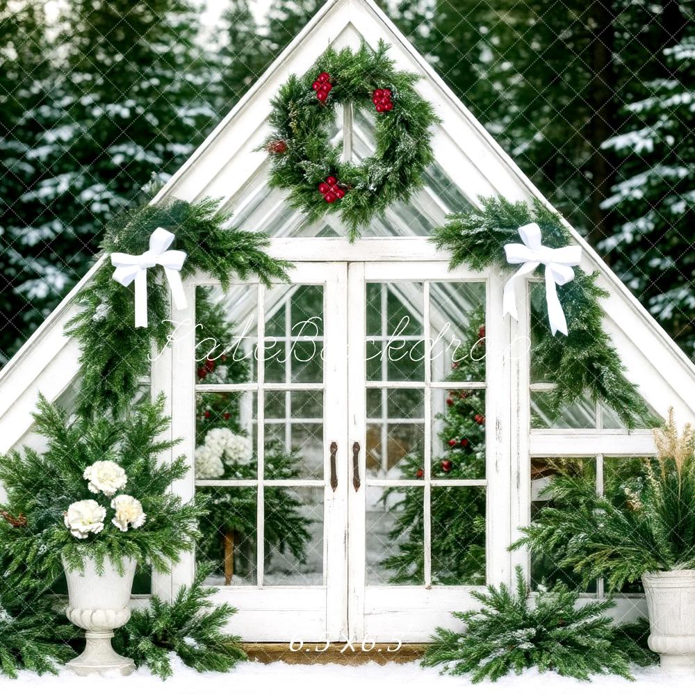 Kate Weihnachten Gewächshaus Tannenzweige Weiß Hintergrund Entworfen von Mini MakeBelieve - Kate Backdrop.de