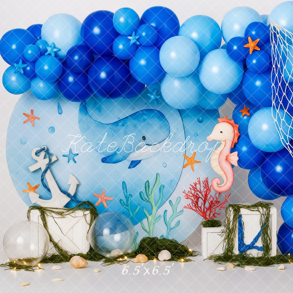 Kate Meer Ballons Fischernetz Blau Hintergrund Entworfen von Patty Roberts - Kate Backdrop.de