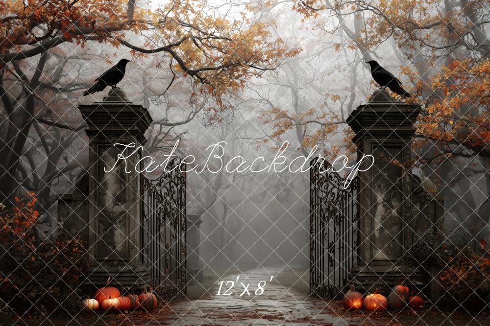 Kate Halloween Tor Rabe Kürbis Nebel Hintergrund Entworfen von Patty Roberts - Kate Backdrop.de