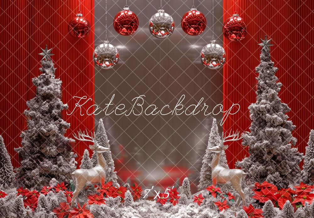 Kate Weihnachten Rentiere Schneebäume Rot Hintergrund Entworfen von Mini MakeBelieve - Kate Backdrop.de
