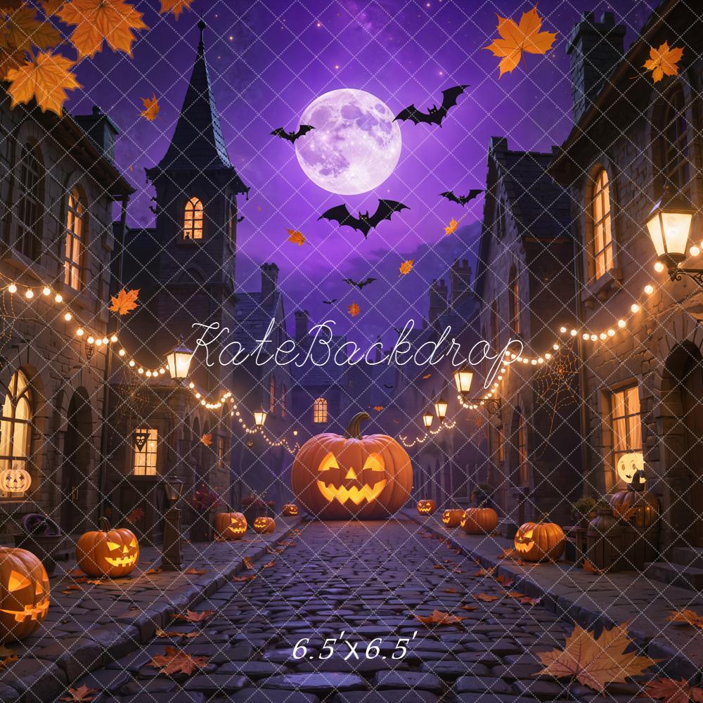 Kate Halloween Kürbisse Fledermäuse Lila Hintergrund Entworfen von Emetselch - Kate Backdrop.de