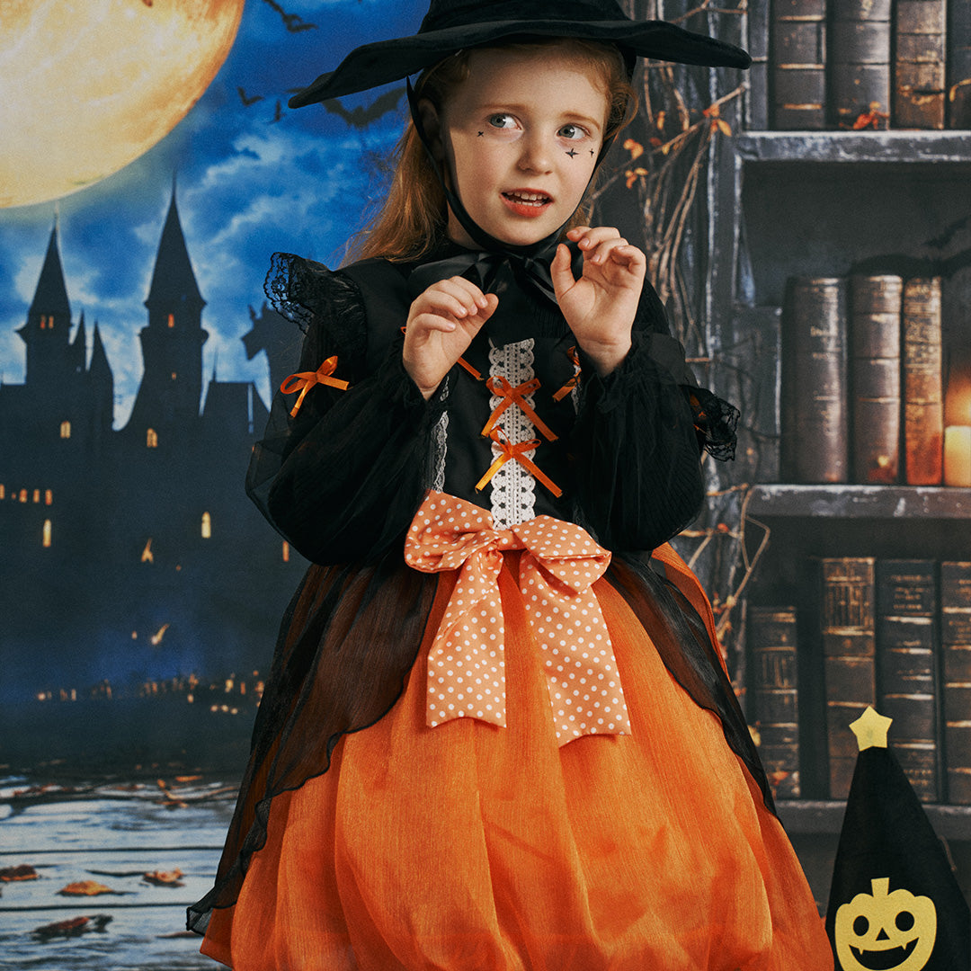 Kate Halloween Vollmond Schwarz-orangefarbenes Kinderkleid mit Zaubererhut - Kate Backdrop.de