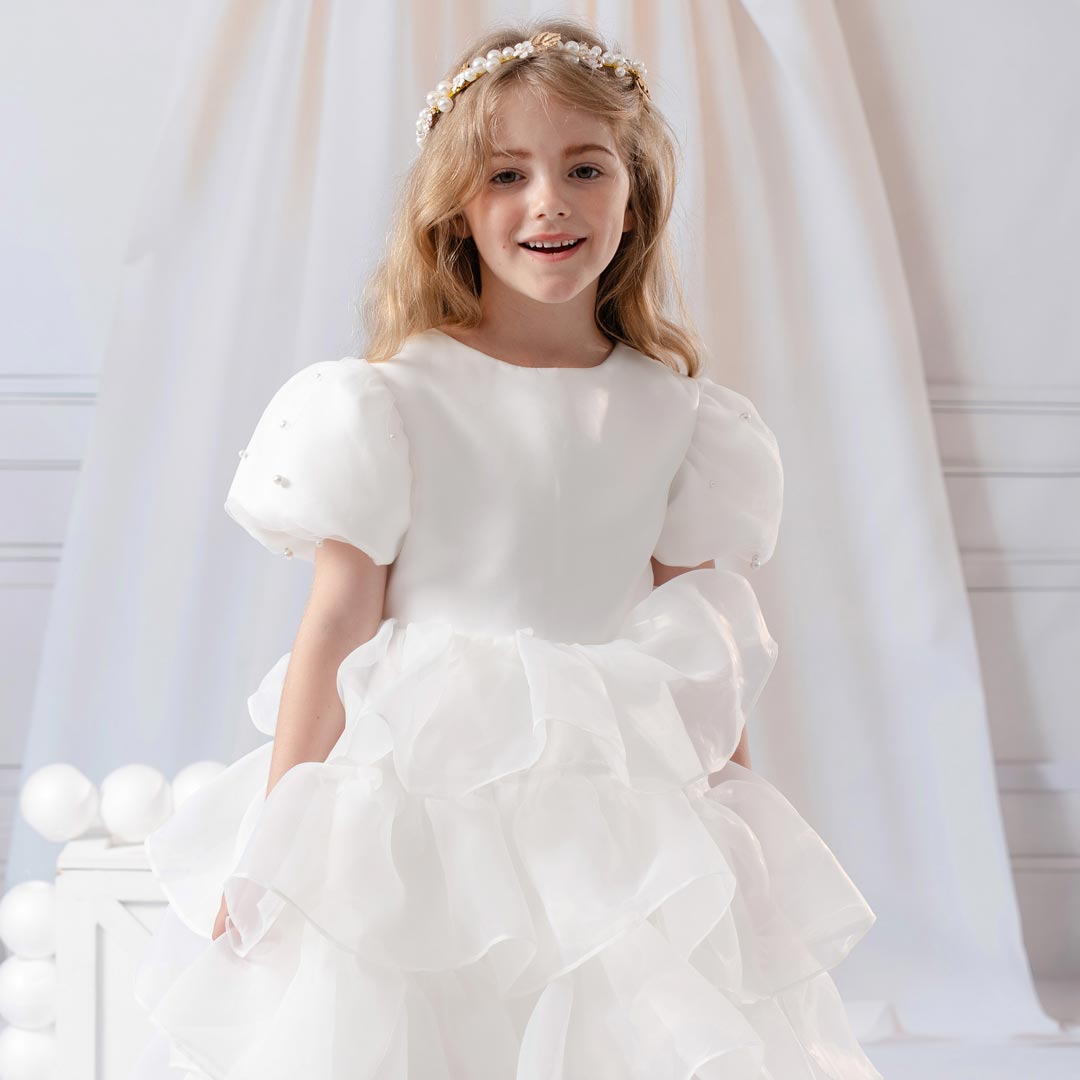 Kate Reinweißes, langes Kinderkleid aus Netzstoff mit Perlen-Haarband - Kate Backdrop.de
