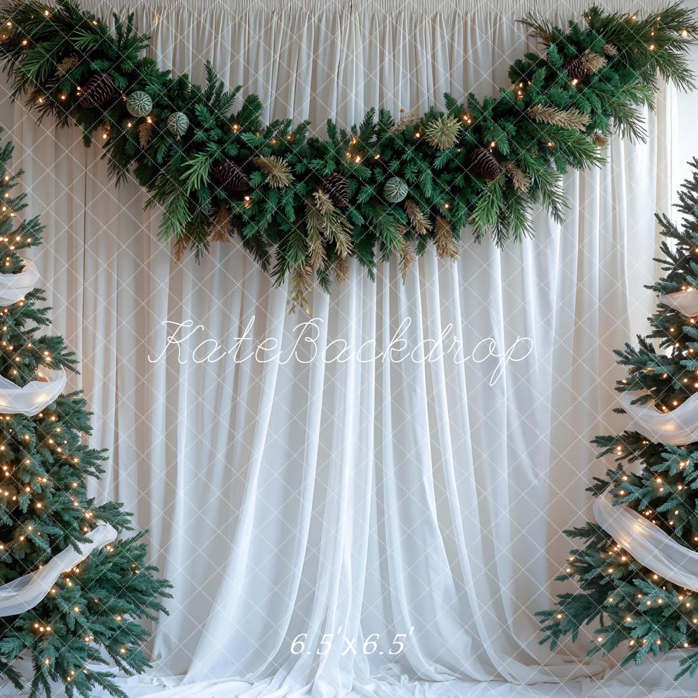Kate Weihnachten Tannenbäume Lichter Weiß Hintergrund Entworfen von Mini MakeBelieve - Kate Backdrop.de