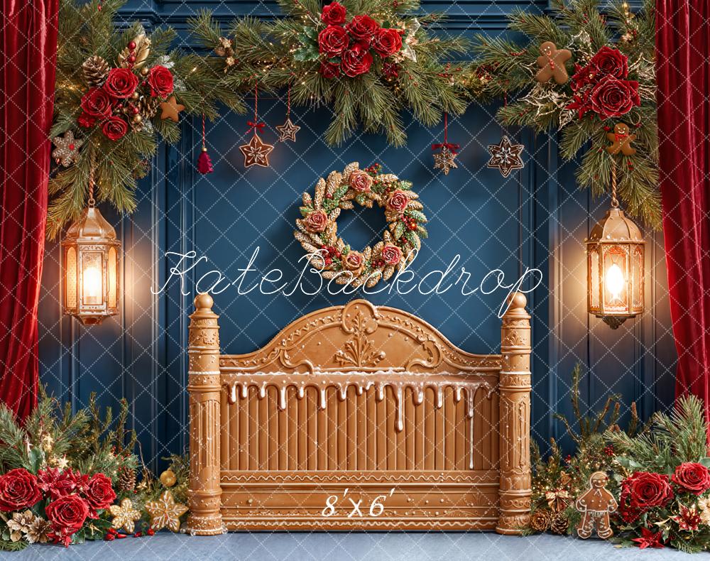Kate Weihnachten Lebkuchenbett Tannenzweige Rot Fleece Hintergrund Entworfen von Emetselch - Kate Backdrop.de