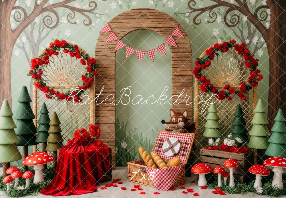 Kate Märchenwald Wolf Picknick Rot Hintergrund Entworfen von Patty Roberts - Kate Backdrop.de