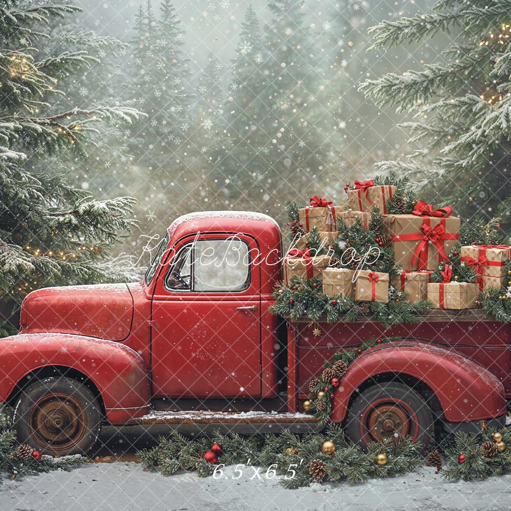 Kate Weihnachten Roter Truck Geschenke Wald Hintergrund Entworfen von Emetselch - Kate Backdrop.de