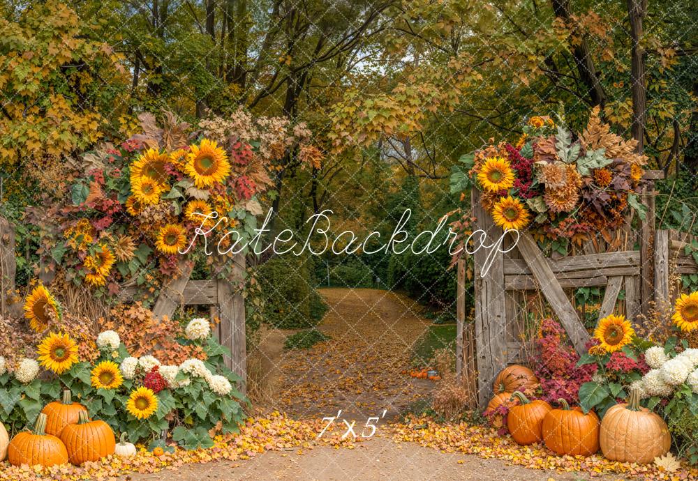 Kate Herbst Sonnenblumen Kürbisse Holztor Hintergrund Entworfen von Emetselch - Kate Backdrop.de