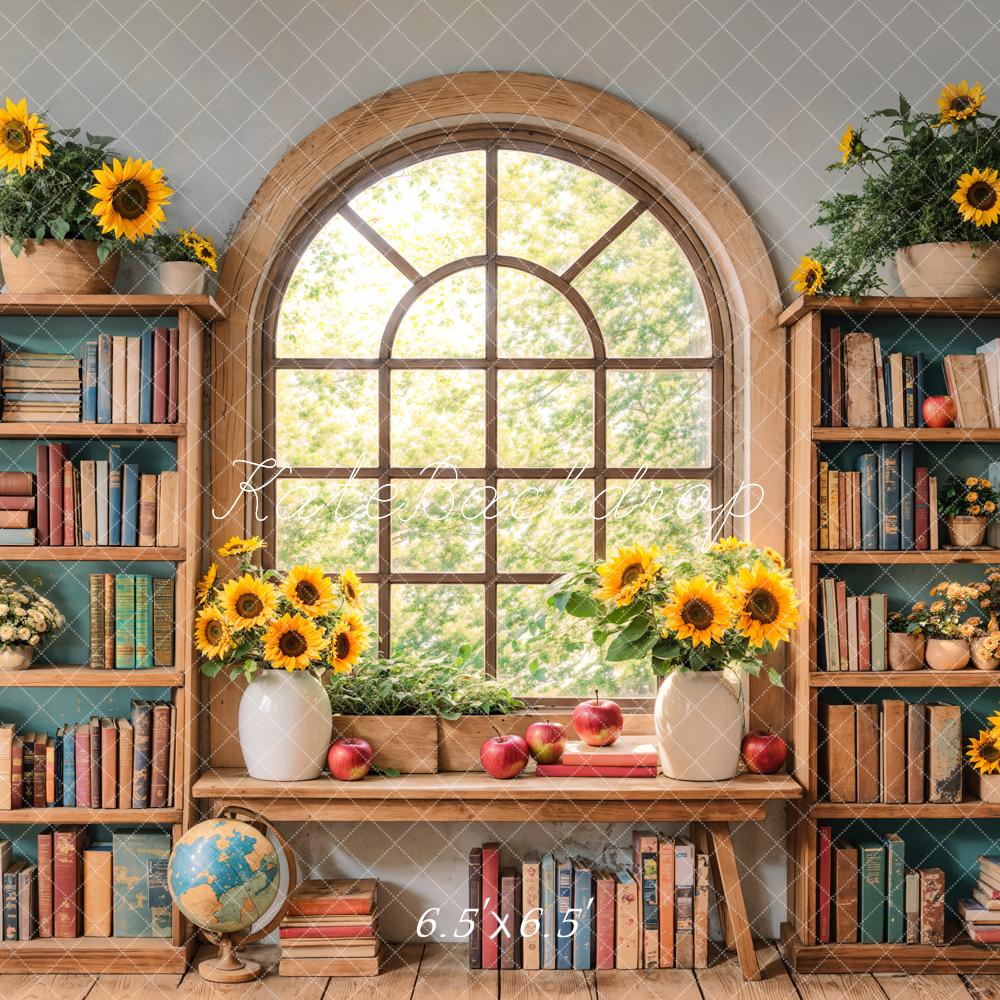 Kate Zurück Zur Schule Bücherregal Sonnenblumen Holz Hintergrund Entworfen von Emetselch