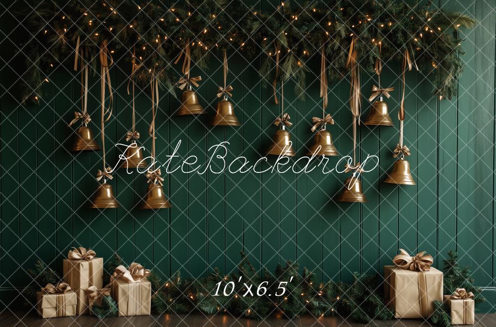 ⚡Blitzangebote-Kate Weihnachten Glocken Tannenzweige Grün Hintergrund Entworfen von Patty Roberts - Kate Backdrop.de