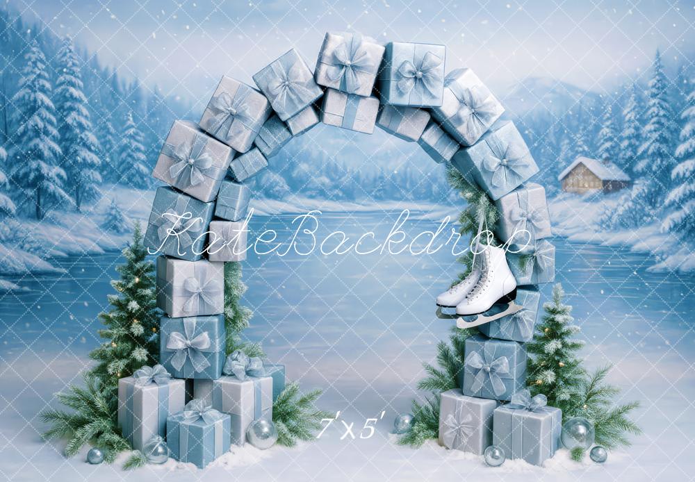 Kate Winter Geschenkboxen Bogen Blau Hintergrund Entworfen von Patty Roberts - Kate Backdrop.de