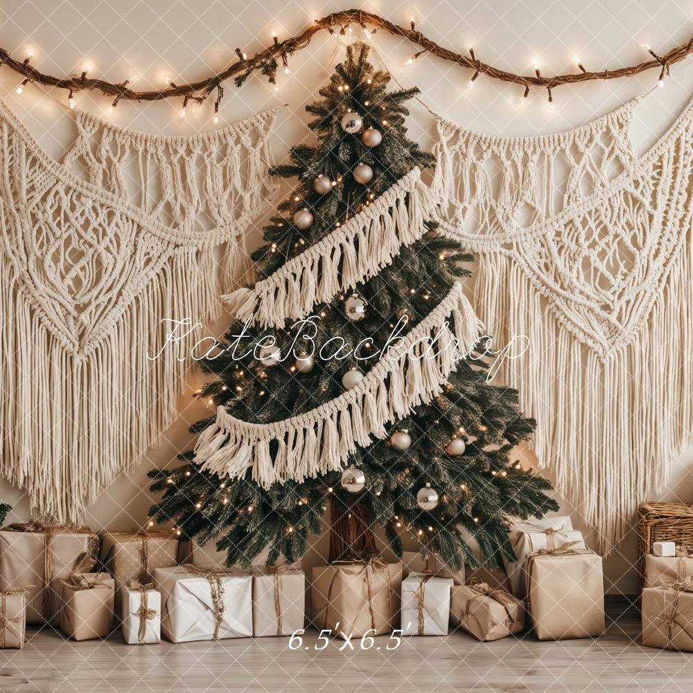 Kate Weihnachten Weihnachtsbaum Makramee Beige Hintergrund Entworfen von Ashley Paul - Kate Backdrop.de
