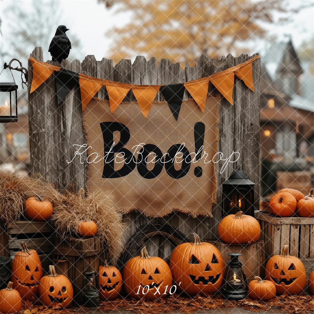 Kate Halloween Kürbisse Laternen Holz Hintergrund Entworfen von Patty Roberts - Kate Backdrop.de