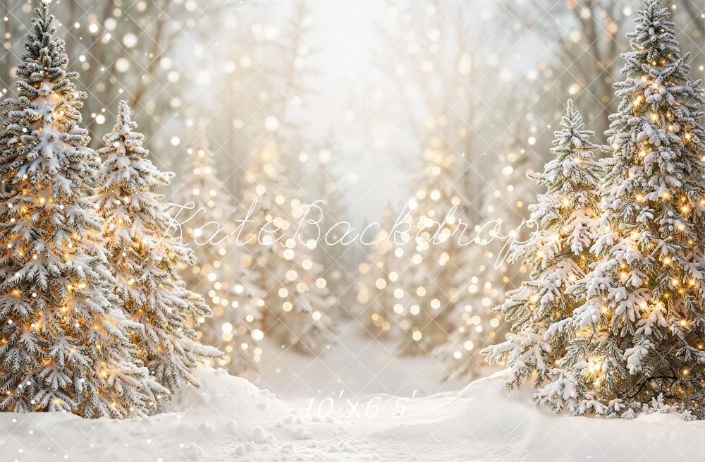 Kate Weihnachten Winterwald Schneebedeckte Bäume Warmweiß Fleece Hintergrund Entworfen von Emetselch - Kate Backdrop.de
