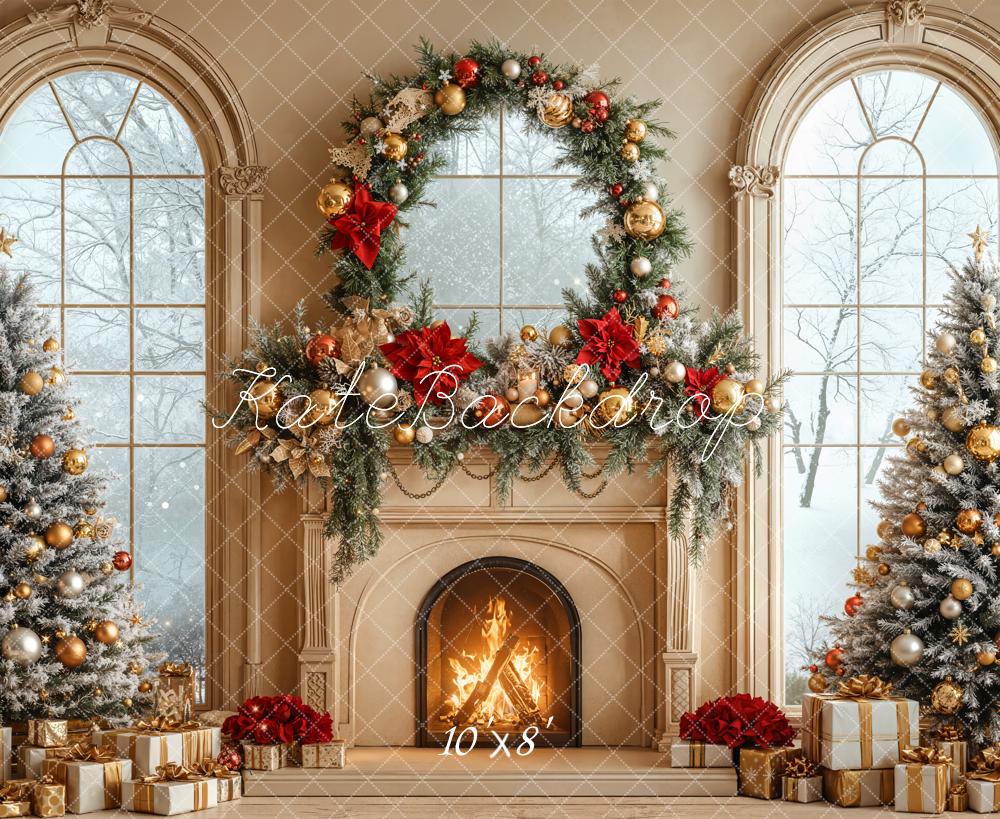 Kate Weihnachten Kamin Weihnachtsbaum Gold Fleece Hintergrund Entworfen von Emetselch - Kate Backdrop.de