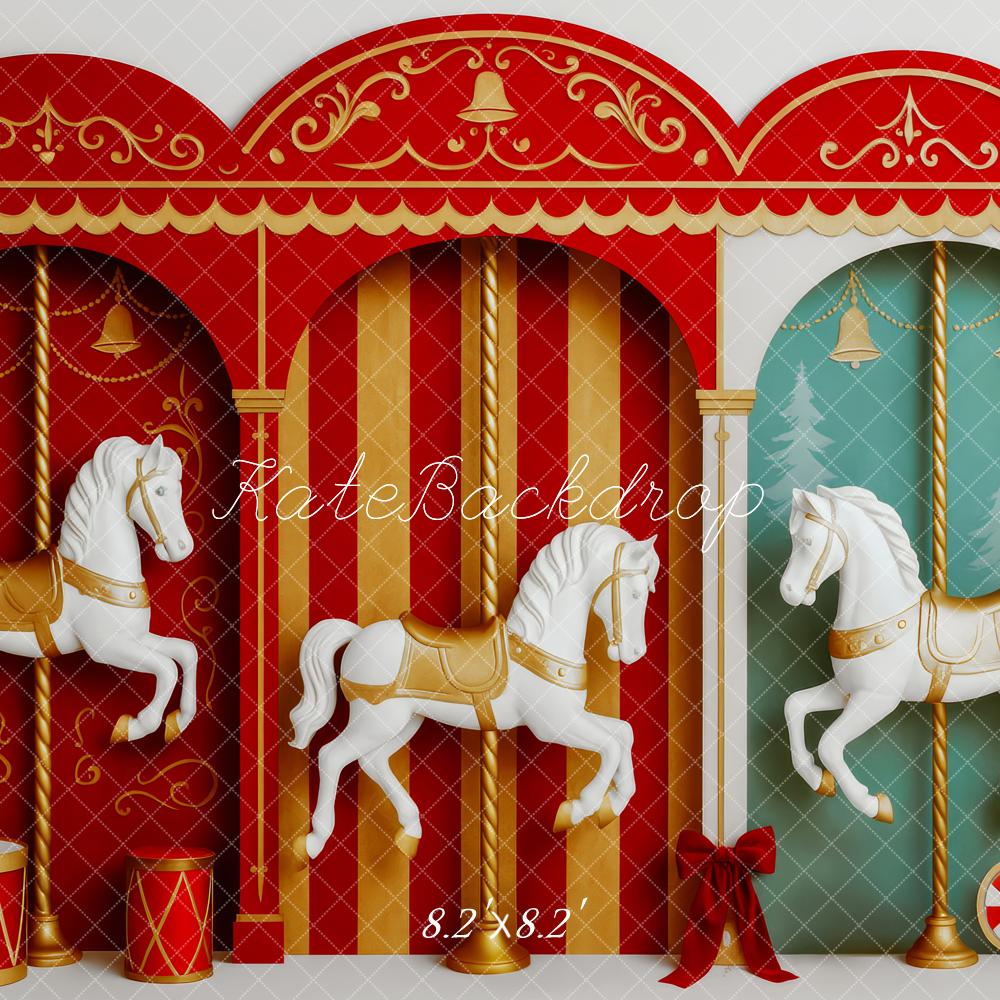 Kate Karussell Pferde Zirkus Klassisch Rot Hintergrund Entworfen von Patty Roberts - Kate Backdrop.de