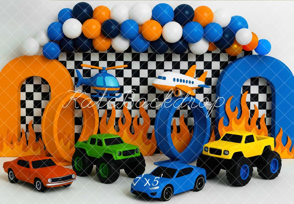 Kate Rennen Autos Flammen Schachbrett Hintergrund Entworfen von Mini MakeBelieve - Kate Backdrop.de