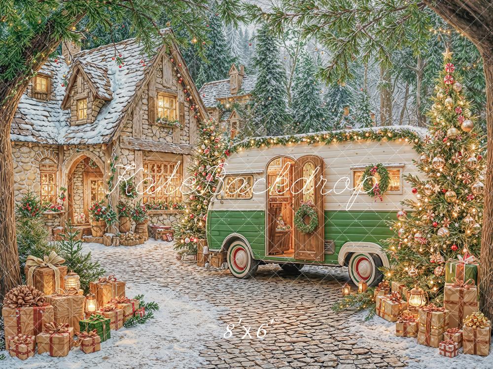 Kate Weihnachten Steinhaus Wohnwagen Winterlich Fleece Hintergrund Entworfen von Emetselch - Kate Backdrop.de