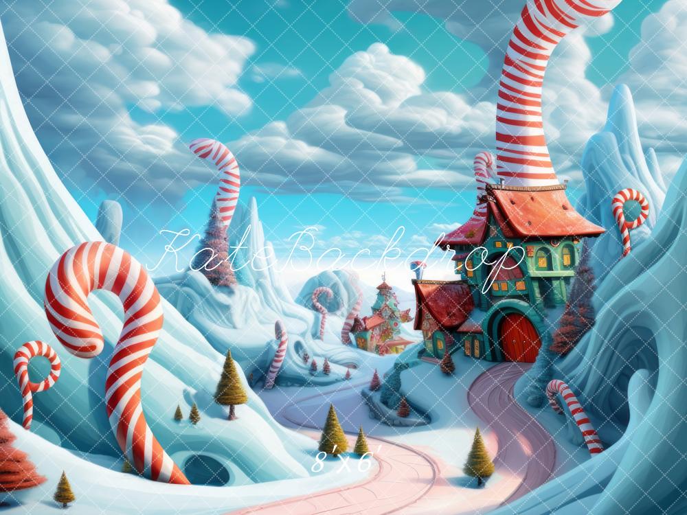 Kate Weihnachten Zuckerstangenhaus Winter Cartoon Hintergrund Entworfen von Megan Leigh - Kate Backdrop.de