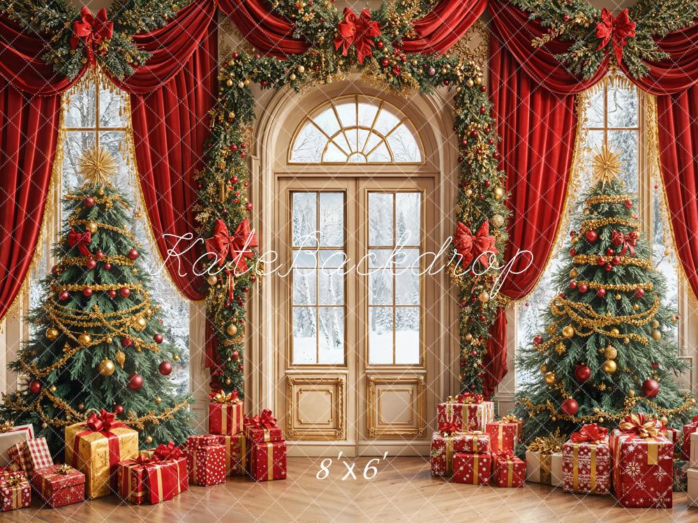 Kate Weihnachten Tannenbäume Geschenke Rot Fleece Hintergrund Entworfen von Emetselch - Kate Backdrop.de